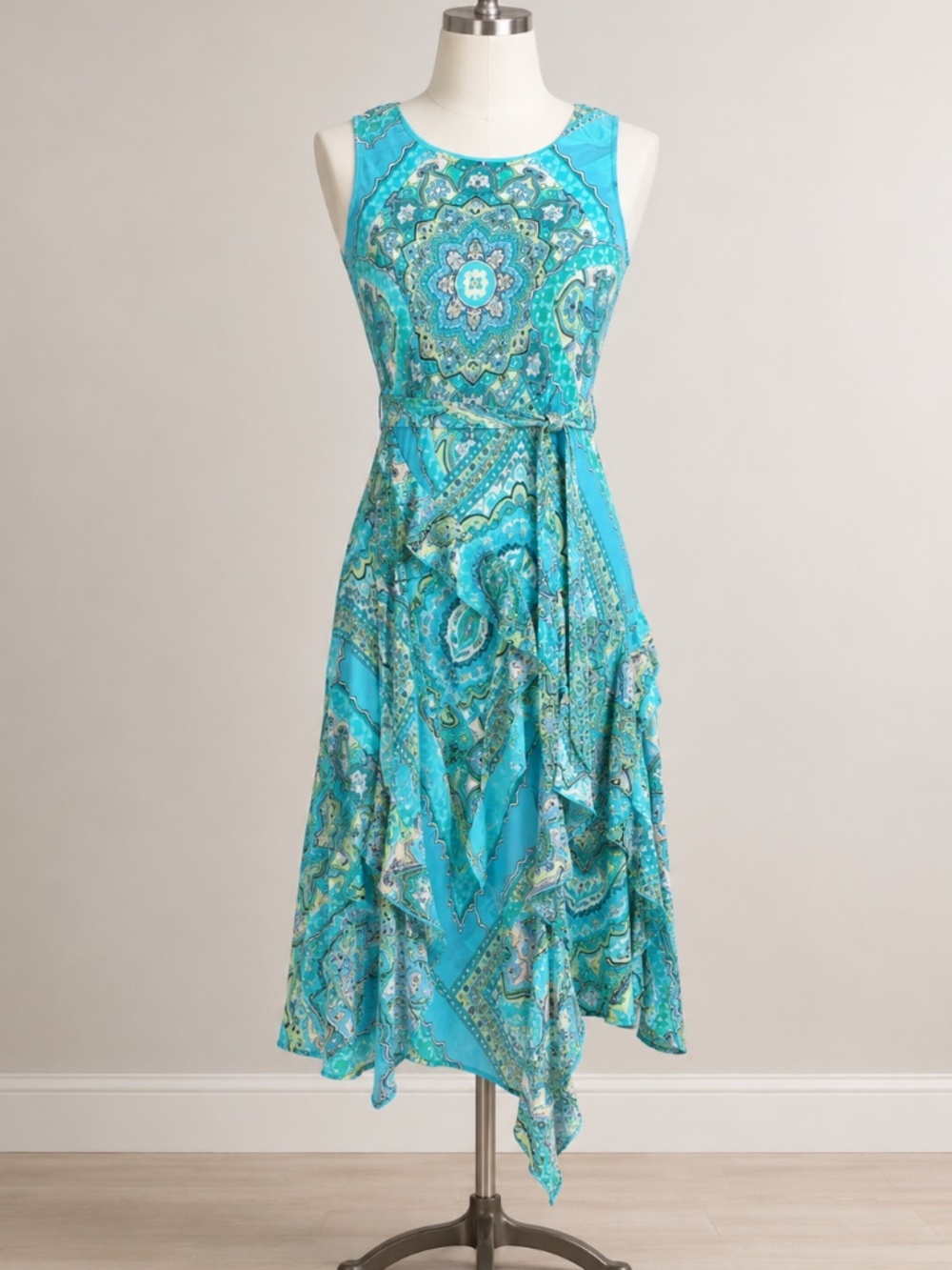 Robbie Bee Blue Paisley Dress Sleeveless Asymmetrical Ruffle Hem Belted 4